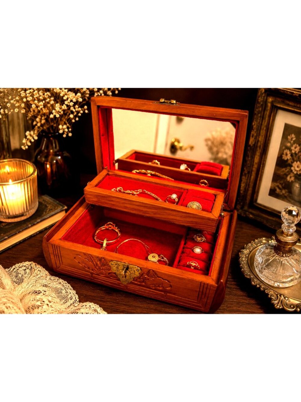 Vintage Asian Wooden Carved Trinket Jewelry Box Vanity Chest Velvet Storage